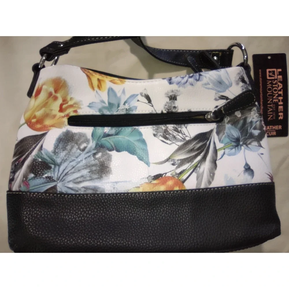 Stone Mountain Leather Floral Print‎ Shoulder Bag Women Black Zip Multi Pockets